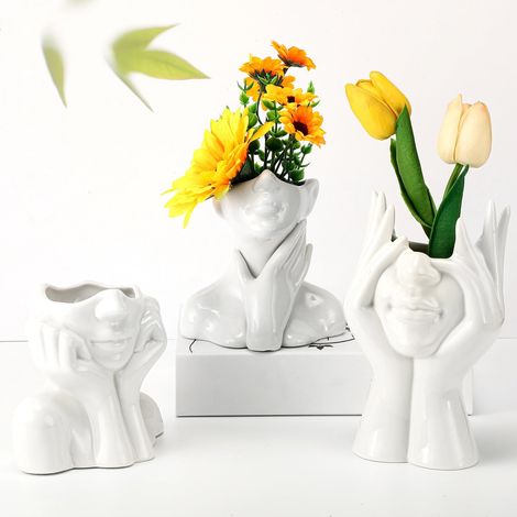 Lot de 3 vases en céramique en Forme de Visage féminin pour décoration Moderne, Vase décoratif en Forme de tête de Demi-Corps, Centre de Table pour Table, étagère, Maison, Chambre à Coucher, (1/5)