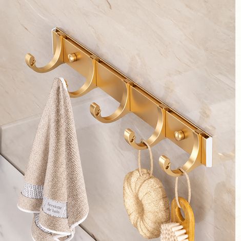 Patère porte-serviettes murale pour salle de bain sans perçage doré 5 crochets finition anodisée – Livraison gratuite (1/4)
