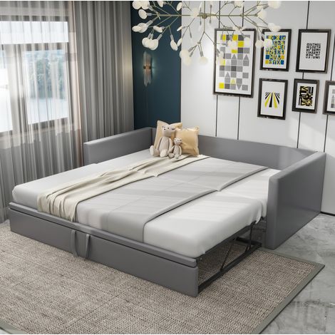 Lit banquette rembourré moderne 90x200/180x200 cm en velours gris, extensible, avec tête de lit, accoudoirs et sommier à lattes (1/5)