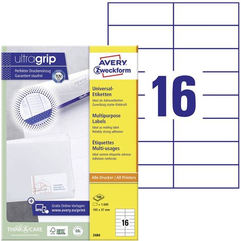 Avery-Zweckform 3484 Etichetta universale 105 x 37 mm Carta Bianco 1600 pz. A tenuta permanente Stampante laser a color (1/5)