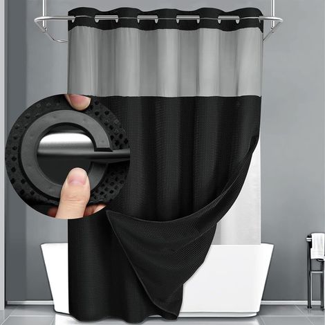 Rideau de salle de bain sans installation – 180×190 cm – tissu double couche respirant – motif géométrique nid d’abeille (Noir) (1/5)