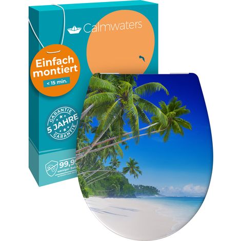 Calmwaters® WC Sitz Motiv Palmenparadies einfache Montage, Toilettendeckel bis 250 kg, Made in EU, antibakterieller Duroplast, Absenkautomatik, 2 Montage Optionen, abnehmbar, Klobrille, oval (1/5)