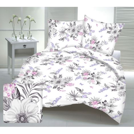 Juego de ropa de cama de 160x200 cm con grandes flores grises sobre fondo blanco. (1/2)