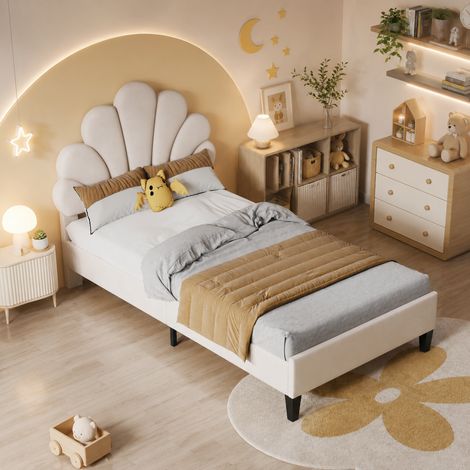 Lit enfant simple 90×200cm, tête de lit réglable, lit capitonné, tête de lit en forme de pétale, lit princesse, pieds en métal,style moderne, Sommier à lattes, lit ado, Velours, Beige (1/5)