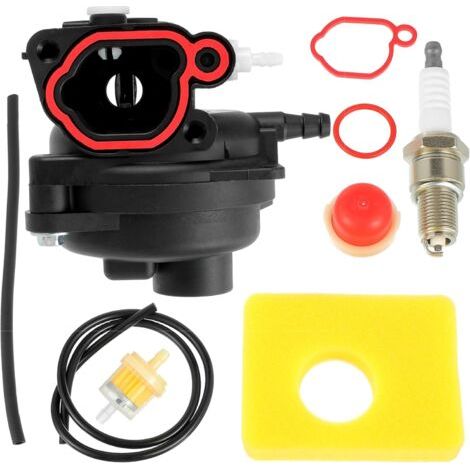 Carburetor repair kit for Briggs & Stratton lawnmower engines, models 300E, 450E, 550E, 575E, 600E, including air filter and spark plugs of series 08P502 and 09P602 (125 cm³, 140 cm³).