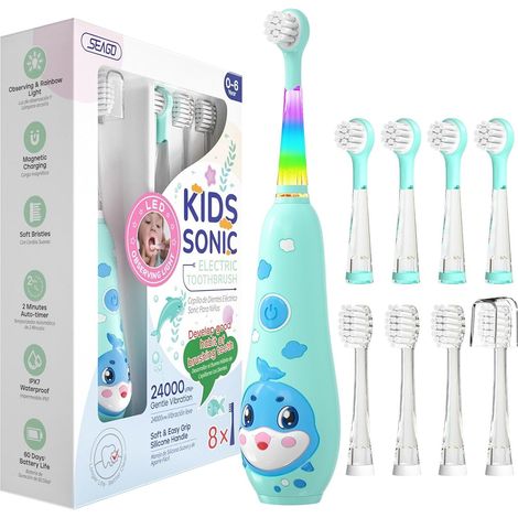 recharge brosse a dent electrique enfant, brosse a dent bebe avec lumière LED 8 têtes, 60 jours d'utilisation, minuteur et étanche IPX7, pour 2 ans à 6 ans, SG2139, Rose (Cyan) (1/5)