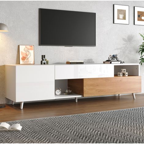 Mueble TV 180x38x50 cm blanco efecto madera, frontal brillante, hasta 75 pulgadas - CHICFURN (1/5)