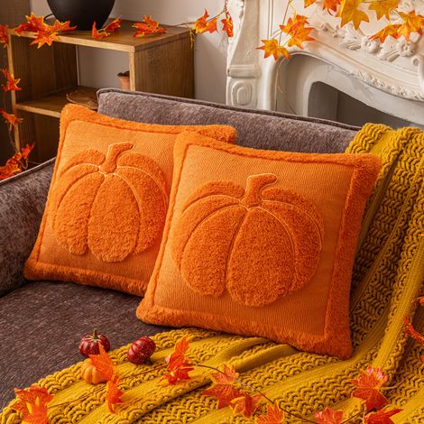 Funda de cojín de Halloween de 45x45 cm, juego de 2 fundas de almohada con estampado de calabaza naranja y hojas, decorativas para otoño y sofá. (1/5)