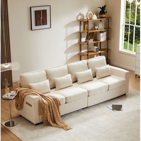Divano da 4 posti, divano per 4 persone, divano imbottito beige in lino con tasche laterali sui braccioli e 4 cuscini (1/5)