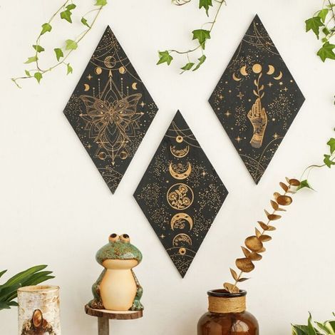 3 Pcs Phases de lune - Décoration murale - Mandala - En bois - Style bohème - Pour chambre à coucher, salle à manger, salon, bureau, cuisine, couloir (1/5)