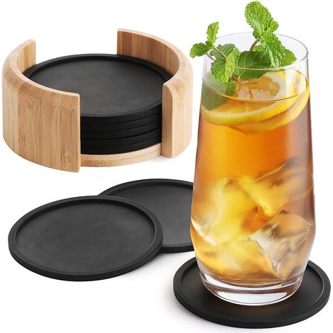 Runde Silikon-Untersetzer für Gläser – 8er-Set – Schwarze Design-Untersetzer für Getränke, Tassen, Bar und Gläser – Silikon-Tischuntersetzer (1/5)