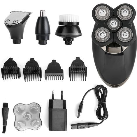Taille-Barbe - Tête Flottante 5D - Étanche Tout le Corps - 4 Têtes Interchangeables - Pour Hommes - 100-240 V - Prise UE - Noir (1/5)