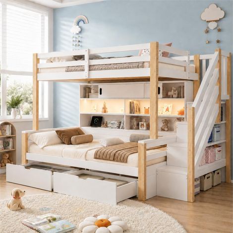Etagenbett, Hochbett aus Massivholz, Kinderbett, 90200+90200cm, Holzbett, mit LED-Lichtleiste, USB-Aufladen, Stauraumtreppe und Schiebetür, weiß+Naturfarbe (1/5)