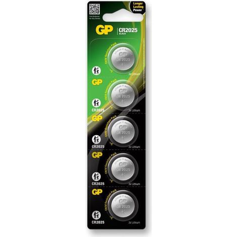 5 Batterie GP al Litio a bottone, 3V, CR2025, blister (1/5)