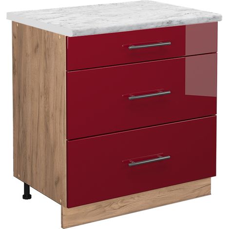 Mueble bajo de cocina Fame-Line, Rojo Burdeos alto brillo, 80 cm con 3 cajones, ET Mármol, Vicco (1/5)