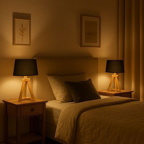 Lot de 2 lampes à poser en bois noir E27 37cmAbat-jour en tissuNorme CE IP20Pour intérieurLongueur de câble 130cm (1/4)