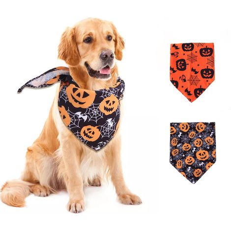Conjunto de 2 pañuelos para perros con estampados de calabazas y telarañas, pañuelo triangular reversible para mascotas. (1/4)