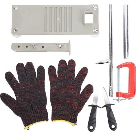 Adjustable oyster opener – Plastic base, stainless steel shaft, clamp + gloves – For home and restaurant use (1/5)