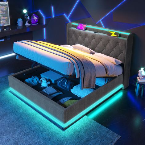 Modern double ottoman bed with 360° LED lights – Hydraulic storage – USB charging – Grey linen frame – 4ft6 size – Ample storage space – Abrihome (1/5)