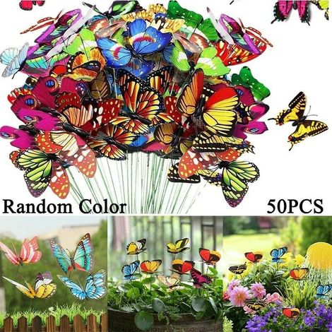 Ensemble de 50 papillons artificiels en PVC de 7 cm, décoratifs 3D pour jardin extérieur, à suspendre sur un poteau. Composition florale créative. (1/5)