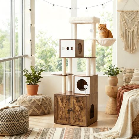 Arbre à Chat Moderne de 178 cm avec Enceinte pour Litière, Marron (1/5)