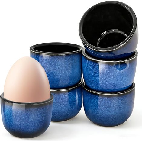 Lot de 6 coquetiers en porcelaine, coquetiers bleus vintage, en céramique brillante, support à œufs pour œufs durs, support à œufs original, compatible lave-vaisselle (1/5)