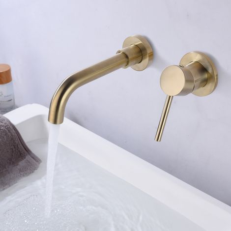 SUMERAIN Mitigeur de Lavabo mural Or brossé, Robinet salle bain avec deux trous à levier unique (1/5)