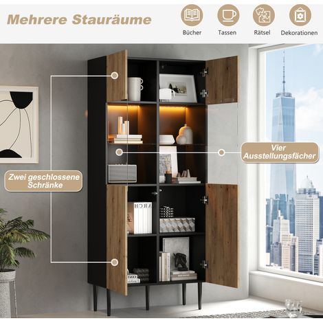 Meuble de rangement haut design avec 10 niches, portes en verre et éclairage LED intégré - 80x35x180 cm (L x H x P), armoire vitrée pour séjour, étagère en bois massif naturel et cadre noir, buffet co (1/5)