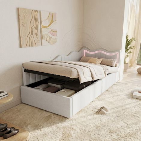 Lit Coffre 90x200 cm, Canapé Lit 1 Place avec Rangement et LED, Canapé Lits Simple Rembourré avec Tête de Lit, Lit Banquette avec Sommier à Lattes, sans Matelas, Blanc (1/5)