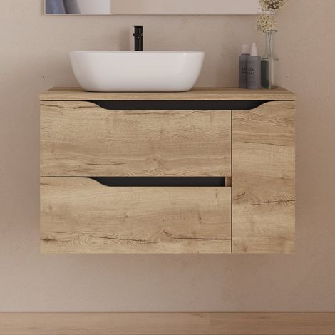 Meuble de salle de bain 80cm avec plateau et vasque à poser déportée à gauche Zeus - sans miroir - 2 tiroirs et un placard - madera miel (bois clair) - ZARZA