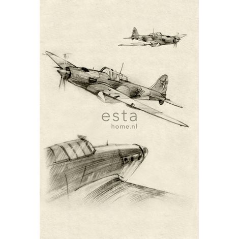 papier peint panoramique croquis d'avions beige et gris  - ESTAhome (1/4)