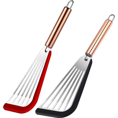 Spatule Échancrée - Acier Inoxydable et Silicone Souple - Poignée Dorée - 30 cm - Pour Cuisinières Antiadhésives - Lot de 2 (1/5)
