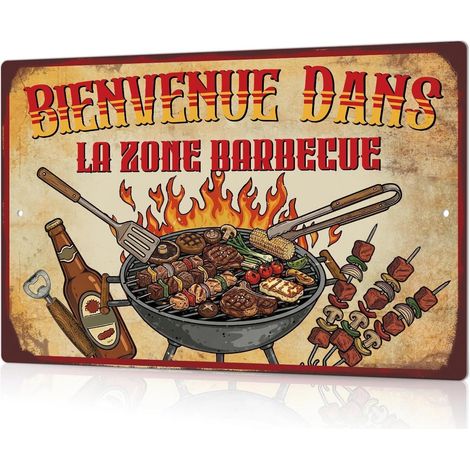 Plaque Aluminium 20x30 cm “Bienvenue dans la Zone Barbecue”, Panneau métal Vintage Flammes grillades, décoration Cuisine d’été terrasse Jardin pergola, enseigne BBQ plancha fumoir (1/5)
