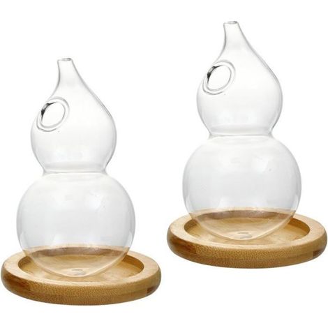 Lot de 2 vases à bourgeons, verre et bois de bambou, avec plateau de base, pour décoration intérieure (1/5)