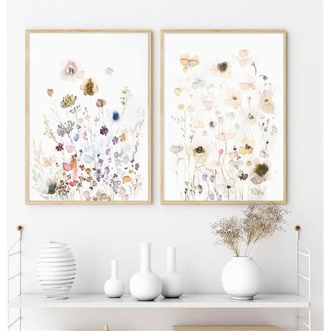 Lot de 2 posters floraux pour salon - Aquarelle - Sans cadre - Décoration murale moderne - Style bohème - 40 x 50 cm (1/5)