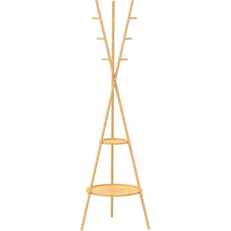 Porte-manteau sur pied 9 crochets avec 2 étagères pour entrée, salon ou chambre, en bois bambou, structure stable et design gain de place élégant  CHICFURN (1/5)