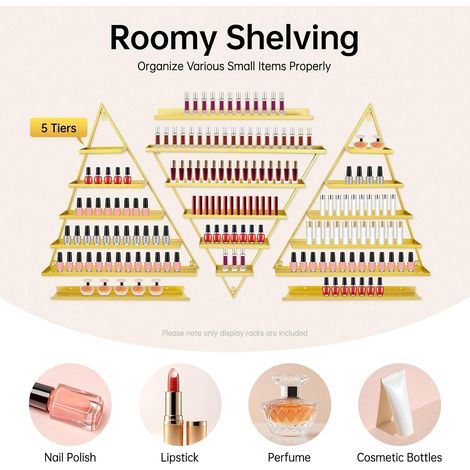 Elegant Gold Wall Mounted Nail Polish Rack - Set of 6 Triangular Cosmetic Display Shelves for Essential Oil Bottles, Organize Your Lipsticks and Perfumes in Style at Home or Salon (1/5)