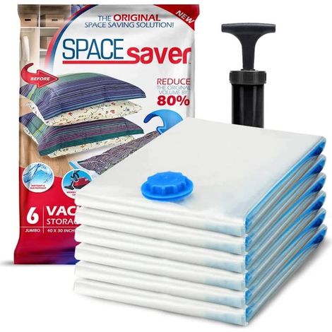 Sacs de Rangement Sous Vide Vêtements, Penderie et Voyage, 80% de Place Supplémentaire, Housse Vêtement Aspirateur Pompe de Voyage Incluse Double Fermeture Valve Turbo, Jumbo 6 Pièces (1/5)