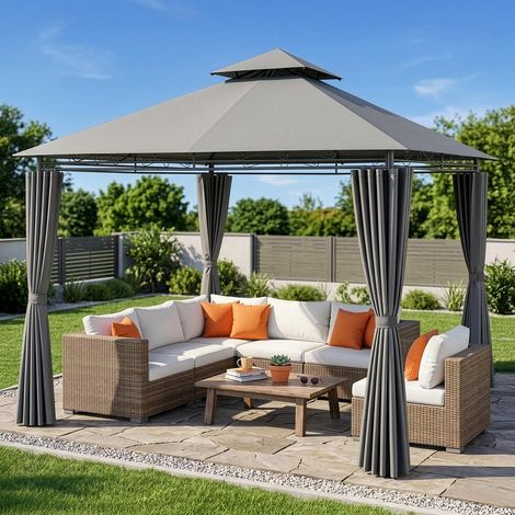 Gartenpavillon 3x3m mit Doppeldach, wasserdicht, UV-Schutz, 4 Seitenwänden (1/5)