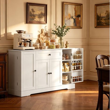 Buffet de cocina de 140 cm con 4 puertas, cajón y estantes ajustables, aparador blanco de MDF para café, microondas o TV hasta 65 pulgadas – CHICFURN, almacenaje moderno (1/5)