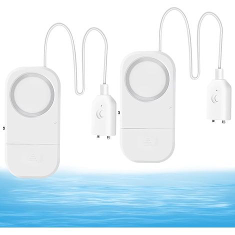 Lot de 2 détecteurs d'eau - 110 dB - Avec câble de 94 cm de long - Pour cave, salle de bain, buanderie, cuisine, garage (1/5)