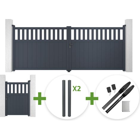 Portail battant 4m SANTIS H.140cm aluminium gris + 4 poteaux ELDA + Portillon 1m SANTIS H.140cm aluminium gris + motorisation Hicker B200 (1/5)