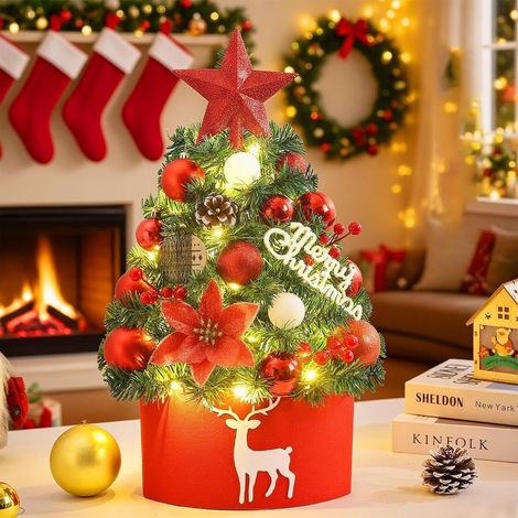 Sapins de Noel Artificiel 45cm,Sapin de Noël avec Lumière LED, Mini Sapin et Ornements Sapin Artificiel,Décoration de Noël pour Table et Bureau dans la Fête de Noël (Rouge) (1/5)