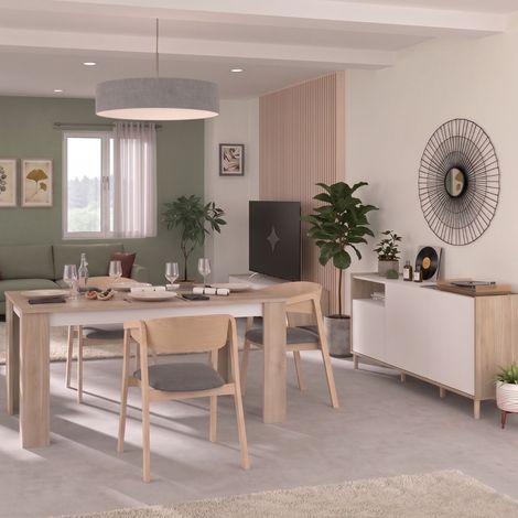 Ensemble séjour table repas 160cm + buffet 3 portes blanc et aspect bois clair - ORPHÉE (1/4)