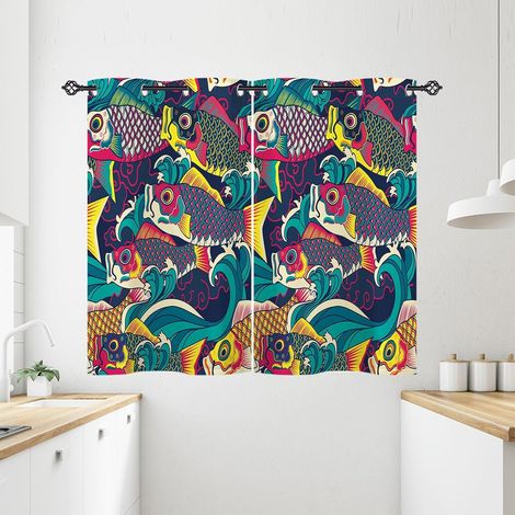 Rideau Occultant Japonais Poisson Océan Vague Rideau Thermique Isolant Tenture Opaque à Oeillets Draperies Intérieurs pour Maison Chambre Salon 2 Panneaux L 60 x H 120 cm - 60L X 120H cm (2 Panneaux) (1/5)