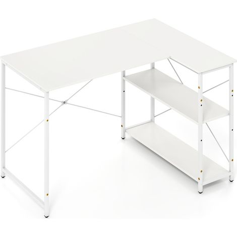 Bureau d'ordinateur en l avec rangement réversible 118 x 86 x 74 cm confort ergonomique style moderne en bois blanc