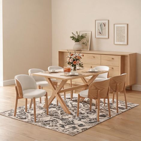 Lot de 6 chaises de salle à manger en bois massif et tissu lin (1/5)