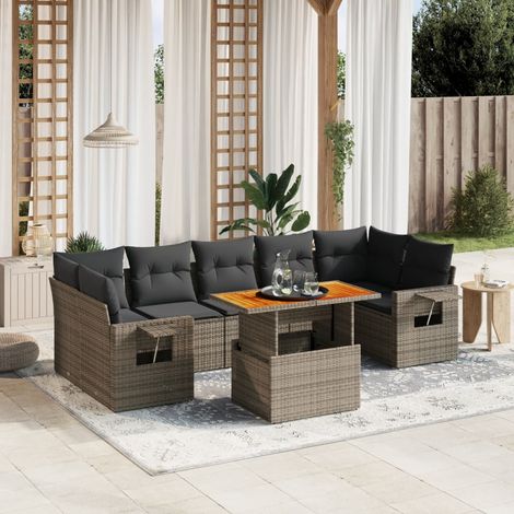 Ensemble Salon Jardin 8 Places Résine Tressée Gris avec Coussins et Table Dîner Réglable (1/3)