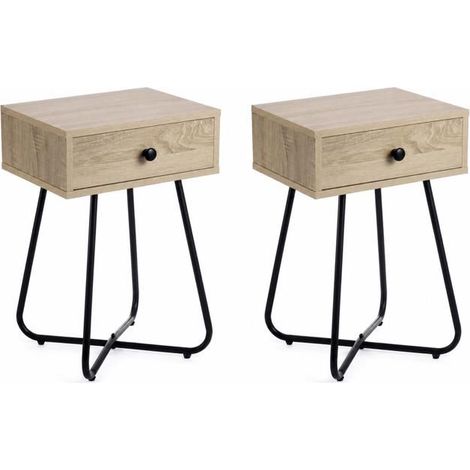 Table de chevet - JUANIO - 40x34x60 cm - Lot de 2 - Effet bois naturel - Structure métal noir (1/5)