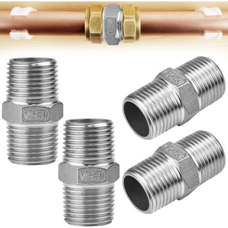 4 PCS Connecteur de Tuyau de Douche en Acier Inoxydable, Raccord Double Fileté 1/2inch, Raccord Inox Rallonge de Tuyau de Douche 4cm pour Raccorder Tuyaux de Douche, Conduites de Carburant (1/5)